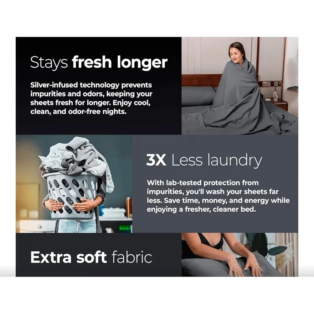 Silvery Silver Infused Microfiber Bed Sheets Full Frost Gray 4pc Set New